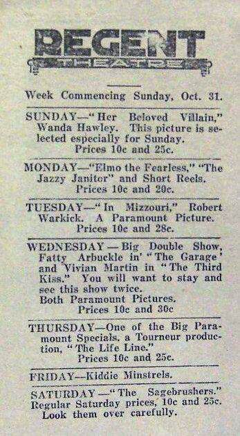 Regent Theater - 1920 Ad From Paul
